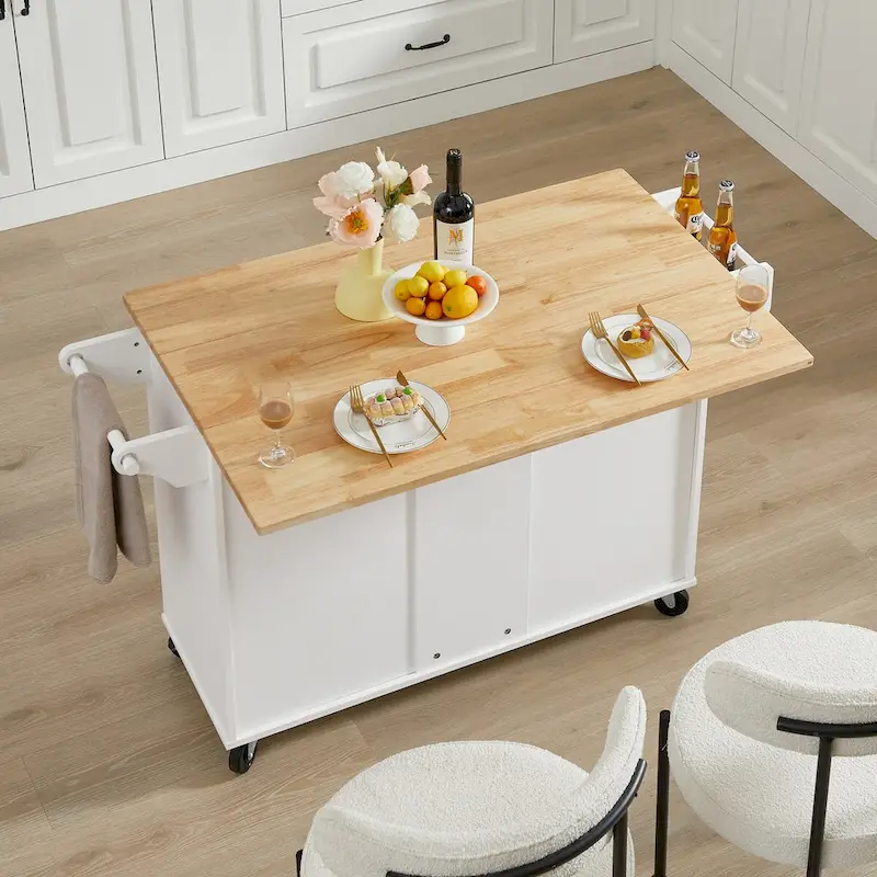 Kitchen Island with Drop Leaf Countertop and Rolling Cart