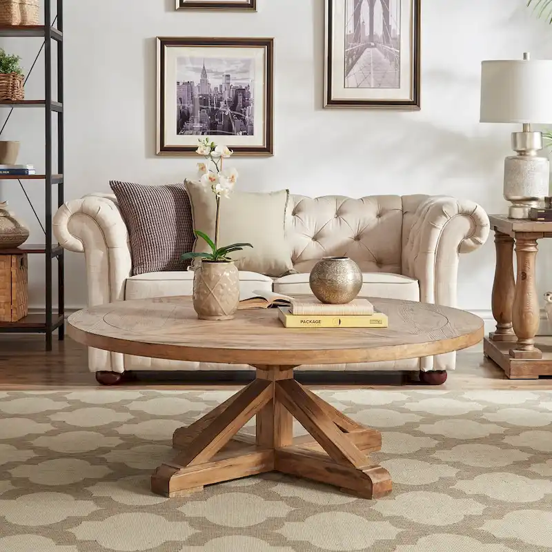 Natural Wood Round Coffee Table with X-Base for Living Room