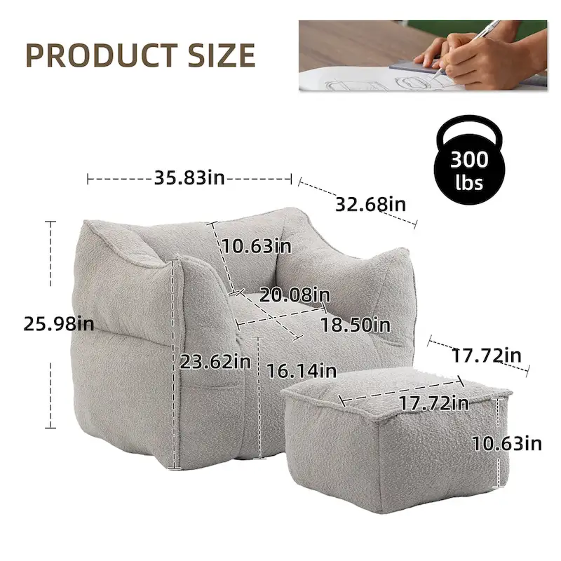 Boucle Upholstered Deep Seat Armless Square Bean Bag Chair with Ottoman