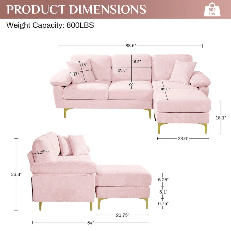 Upholstered Velvet Sectional Sofa with Pillows & Ottoman
