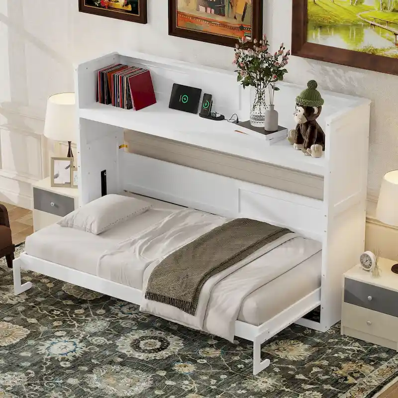 Twin XL Size Murphy Bed with Desk & LED Light, Solid Wood Bed Frame with USB Charging Station, for Small Spaces and Home Offices