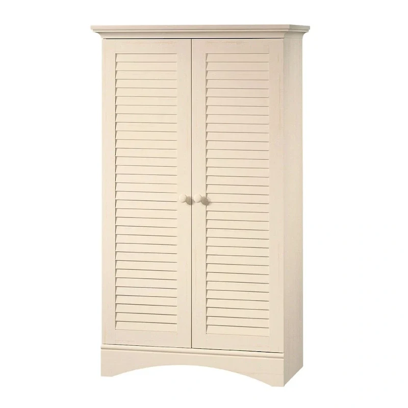 Vintage Antique White Wood Finish Wardrobe Armoire Storage Cabinet with Louver Doors - 35.4W x 16.8D x 61H