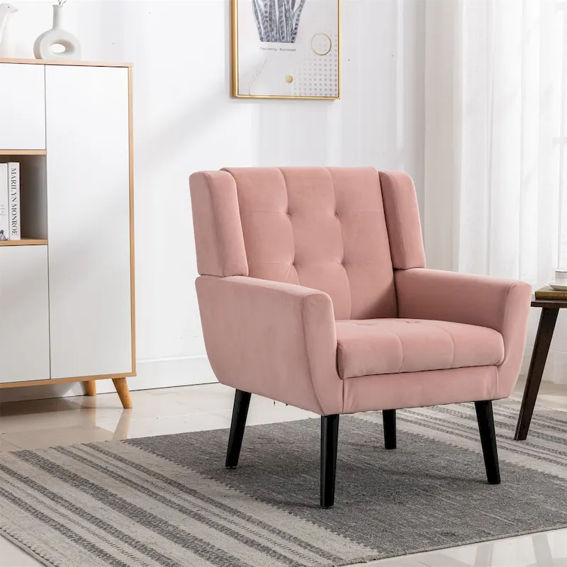 Pink Velvet Tufted Accent Chair with Wood Legs, Seats 1