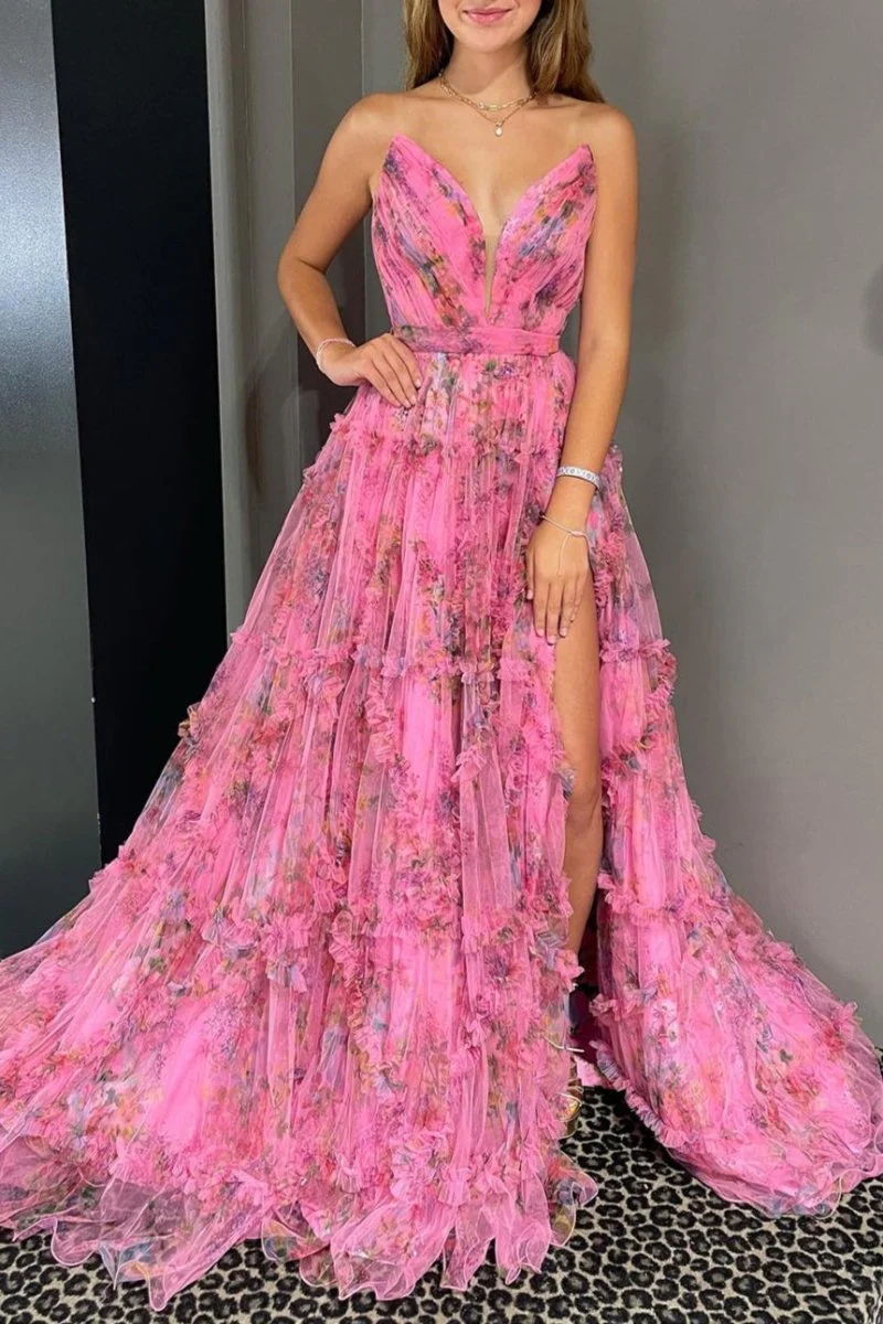 A-Line Sweetheart Floral Printed Tulle Prom Dress with Slit