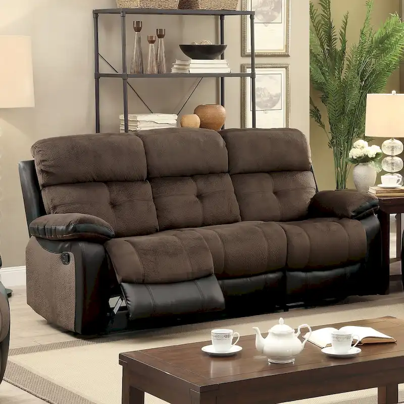 Reclining Sofa 84 Two-Tone Brown Fabric Faux Leather Manual 3-Seater 500 LBS