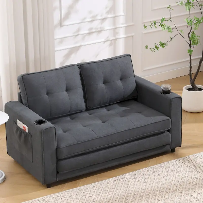 Oaks Aura Upholstered Futon Sofa with Pull-Out Sleeper Couch, Muticolour Choice Foldable Tufted Loveseat With Cup Holder