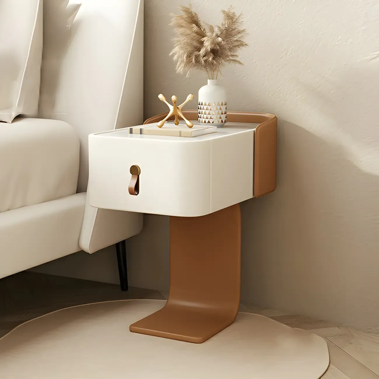 Khaki Stone Top Wood C-Shaped Nightstand with Drawer