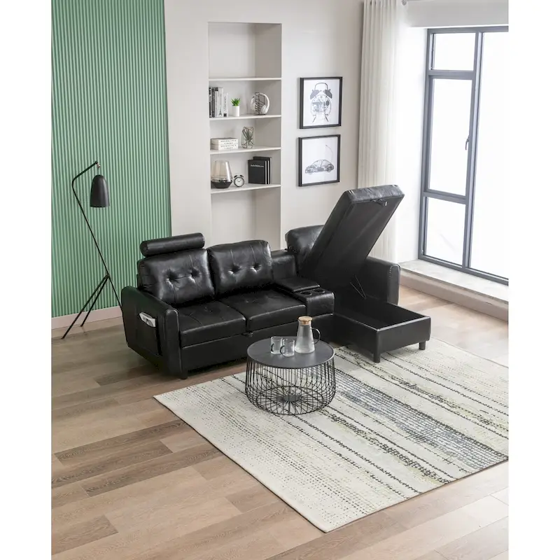 Velvet Upholstered Tufted L-Shape Sectional Storage Convertible Sofa