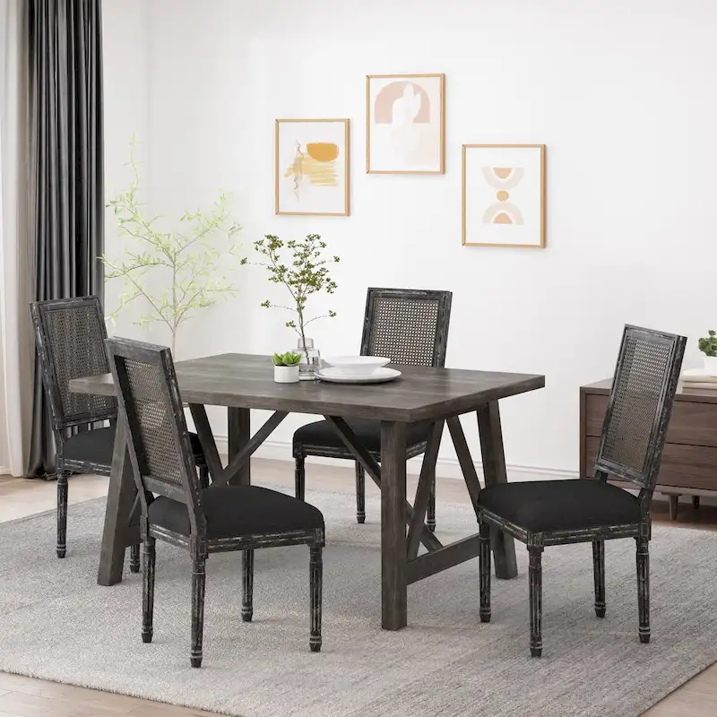 Natural Wood and Cane Upholstered Dining Chairs for 4 People