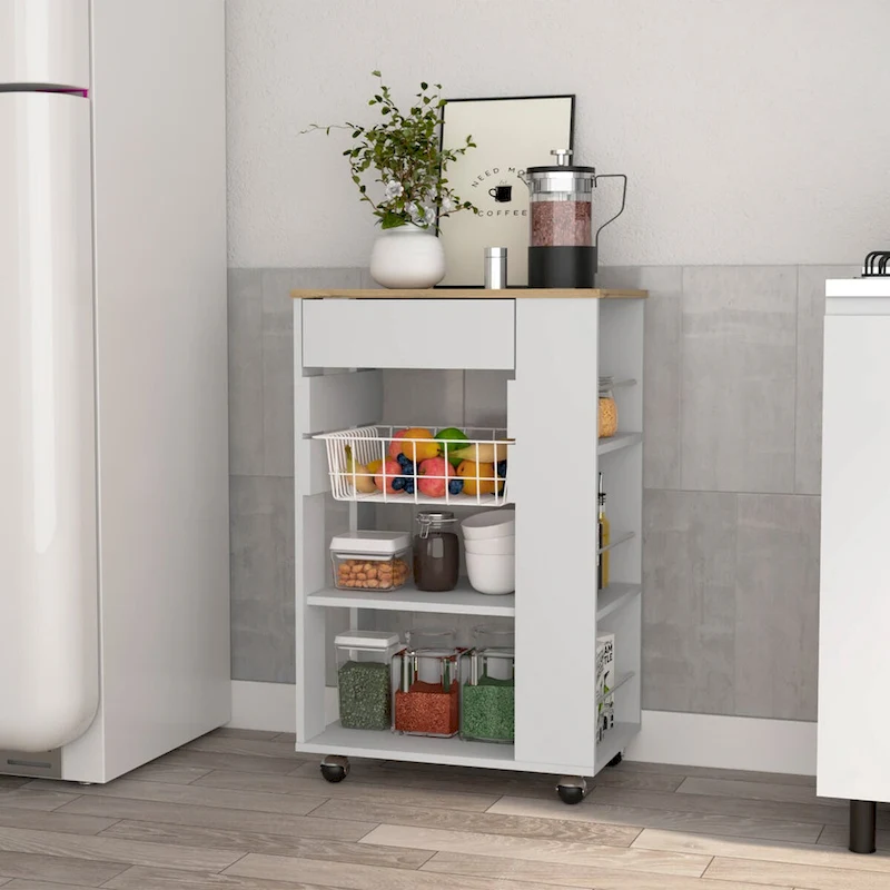 Kitchen Cart, One Drawer, Two Open Shelves, Four Casters -White / Light Oak