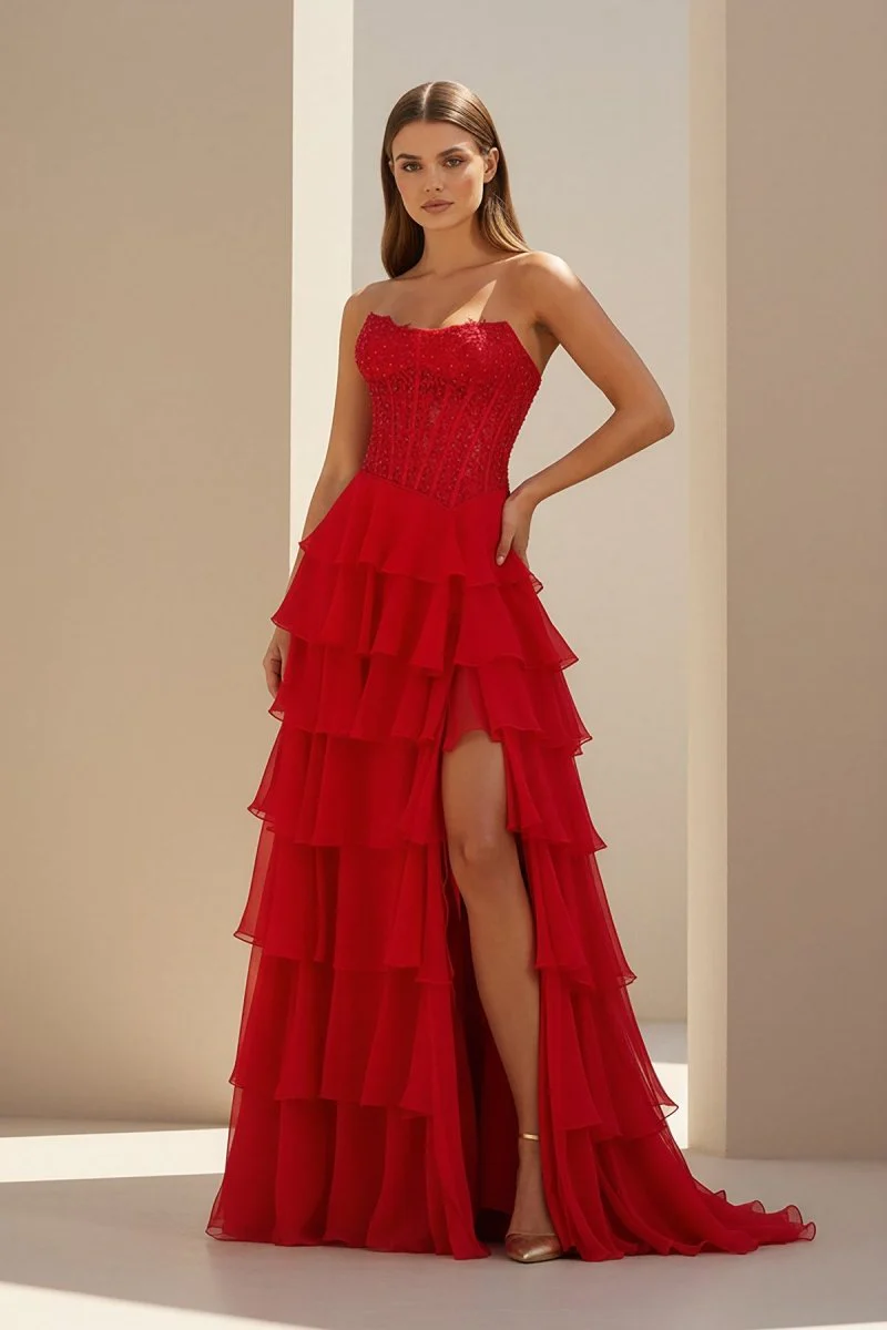 Red Strapless Chiffon Ruffled A Line Formal Prom Dresses With Lace Appliques