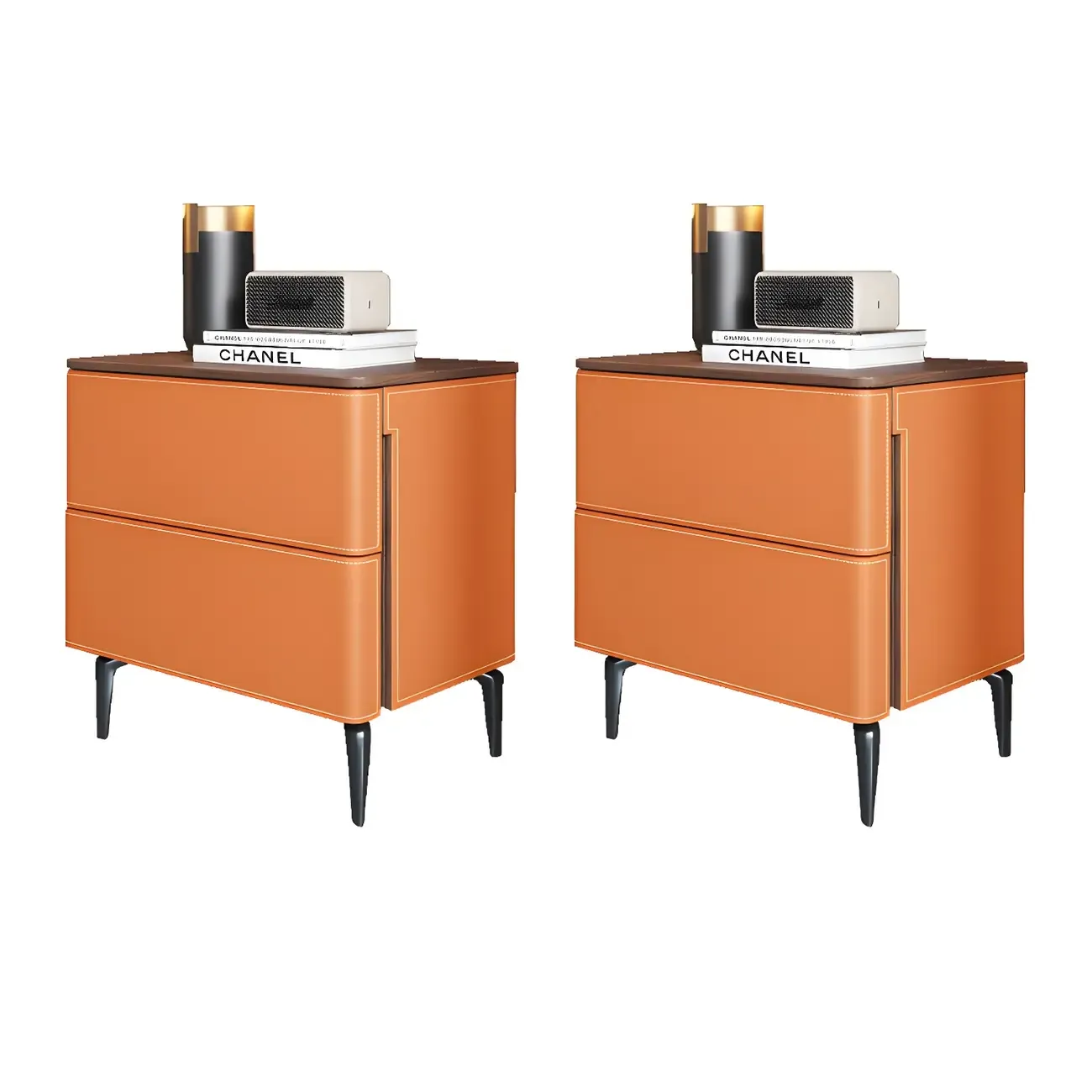 Modern Faux Leather Wood Top Drawers Nightstand