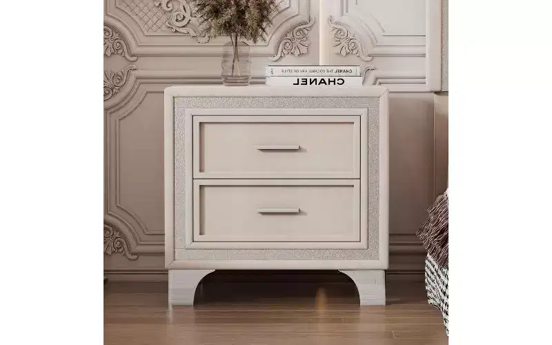 TUYOHW Velvet Upholstered 2-Drawer Nightstand, Rustic-Chic Small Side Table with Silver Glitter Strip Decor and Metal Legs, Bedside Table for Bedroom