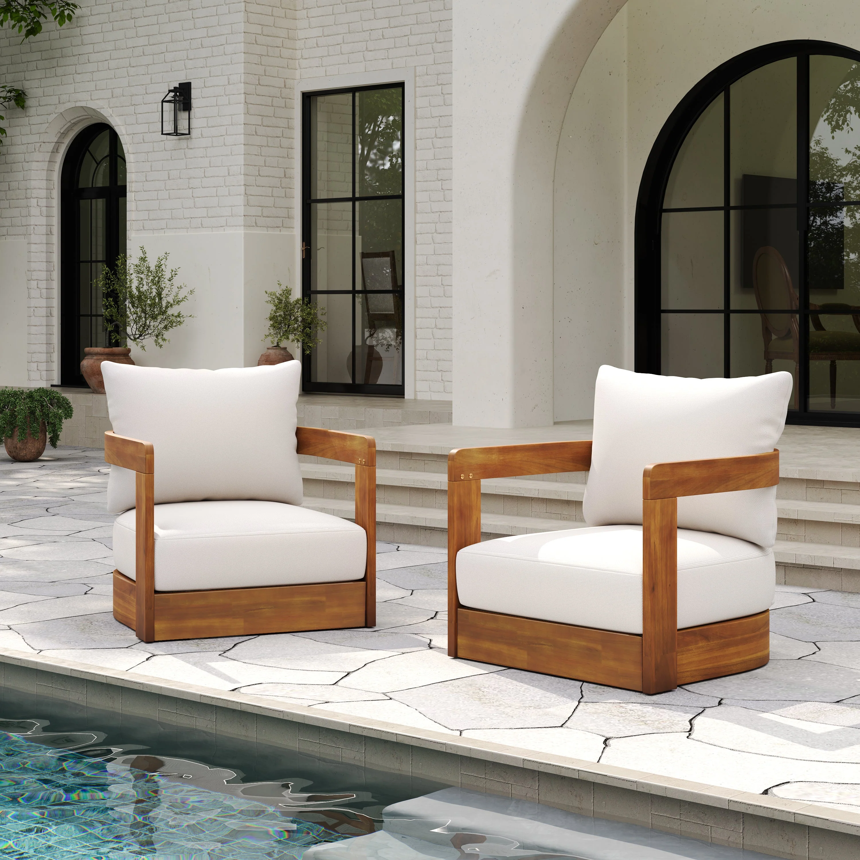 Walker Edison | Set of 2 Premium Acacia Wood Curve Design Outdoor Club Chairs