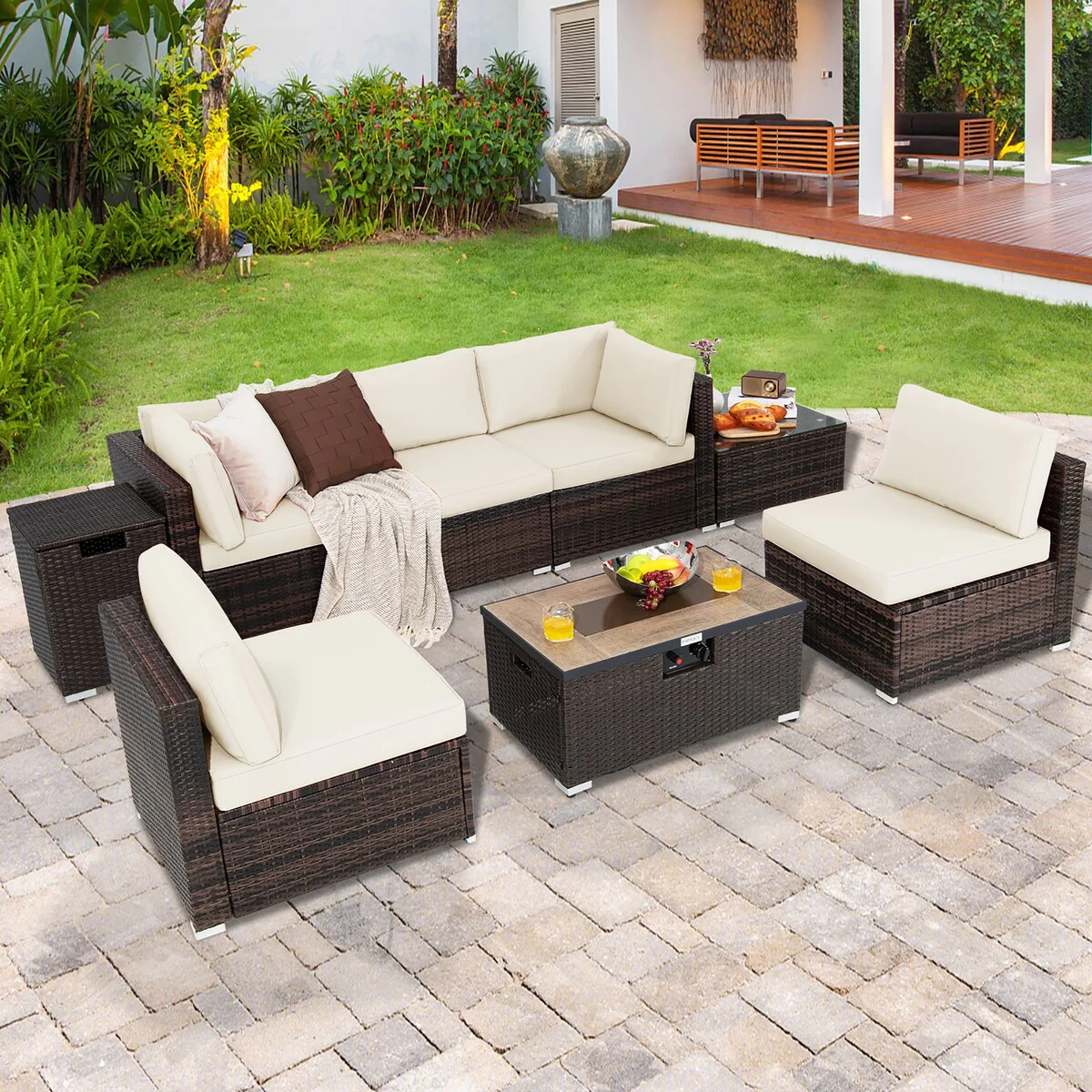 8PCS Patio Rattan Furniture Set Fire Pit Table Tank Holder Cover Deck
