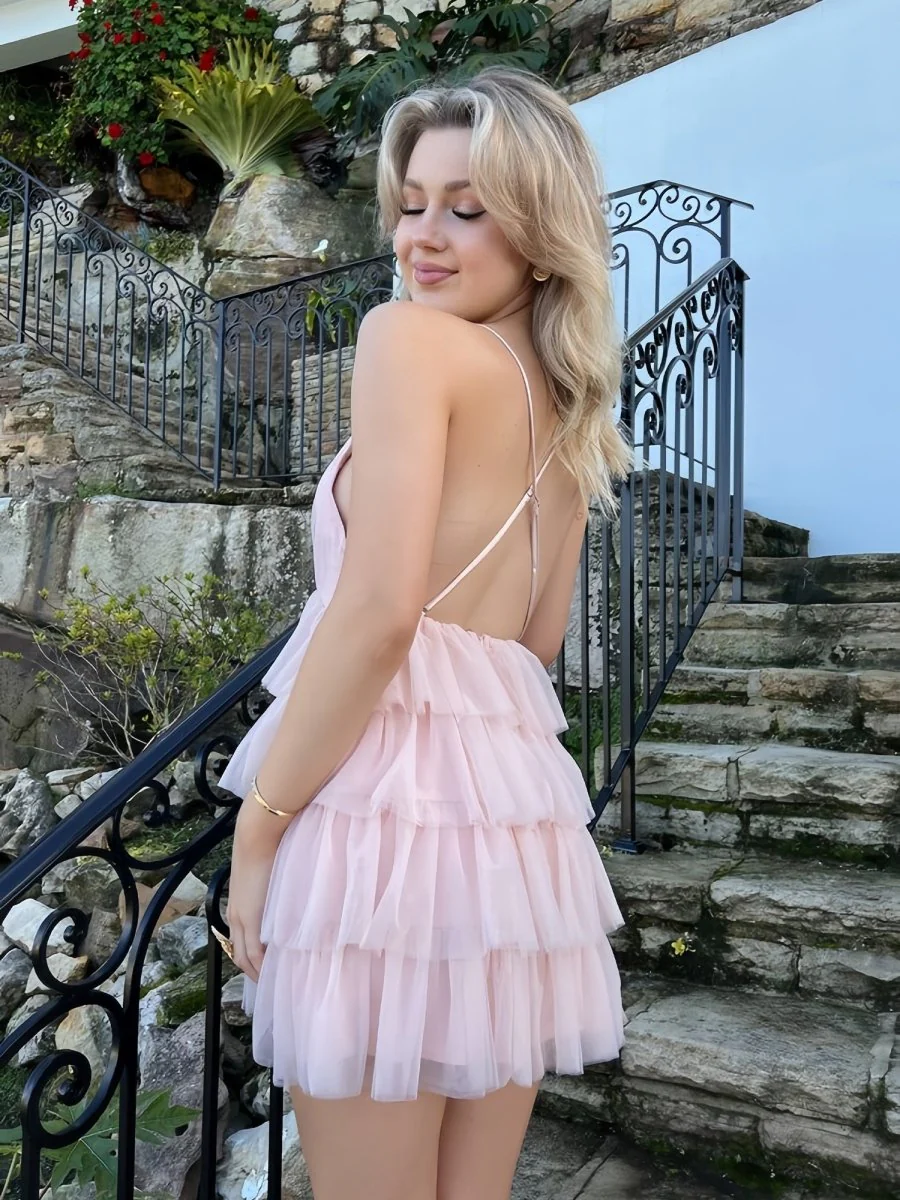 Pink - V Neck A Line Tulle Tiered Short Homecoming Dresses