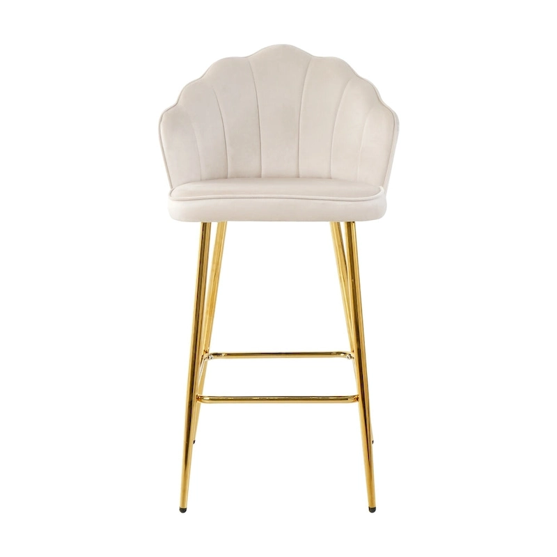 Velvet Shell Bar Stools Set of 2, Counter Height Chairs with Metal Legs, Upholstered Kitchen Island Chairs with Footres