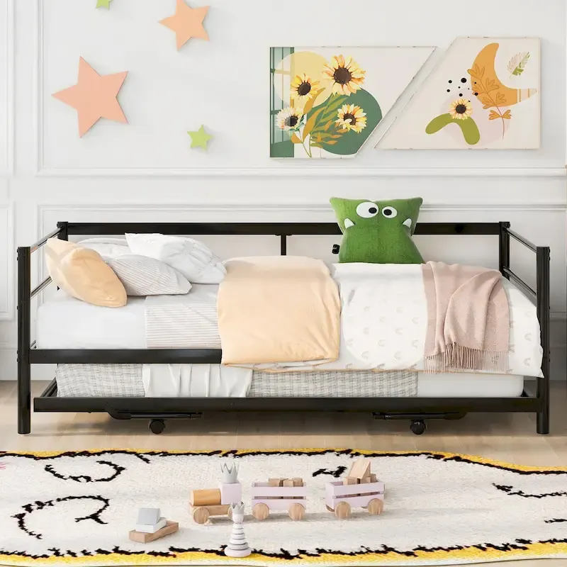 Black Metal Twin Daybed with Pop-Up Trundle, 2-Person, Industrial Style