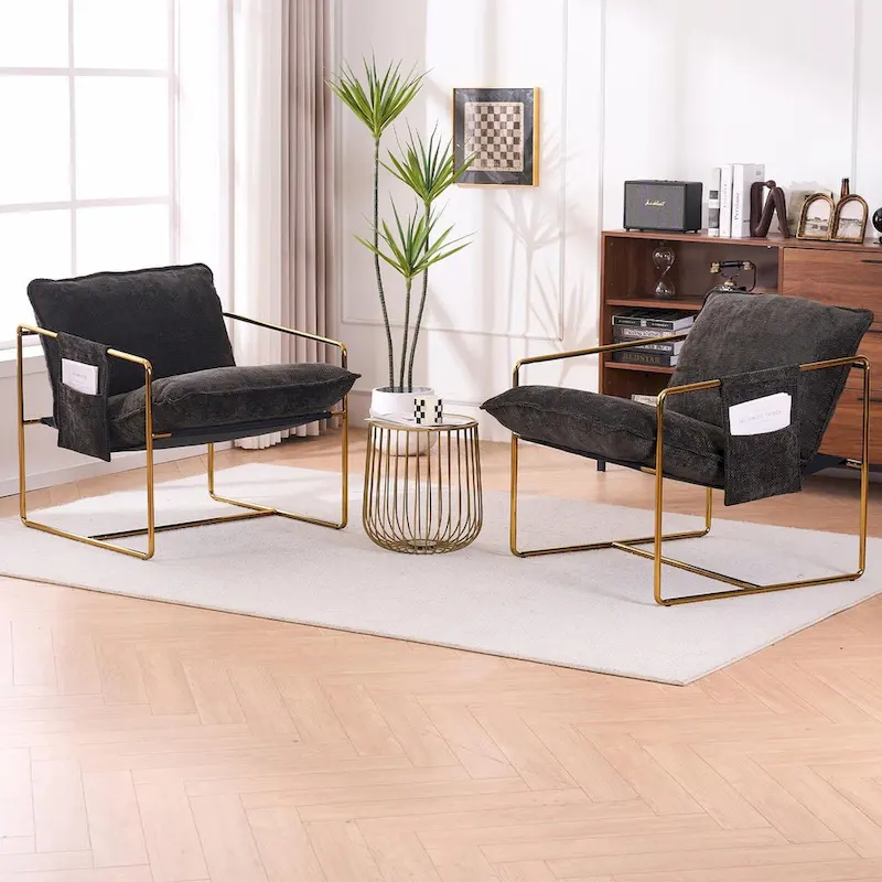 Upholstered Hanging Armchairs with Arm Pockets, Metal Frame