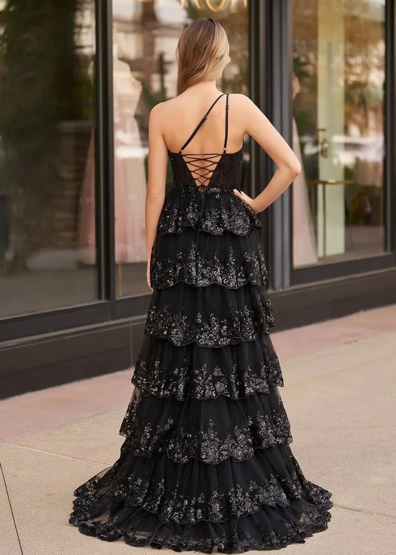 Sheath One Shoulder Tiered Lace Long Prom Dress