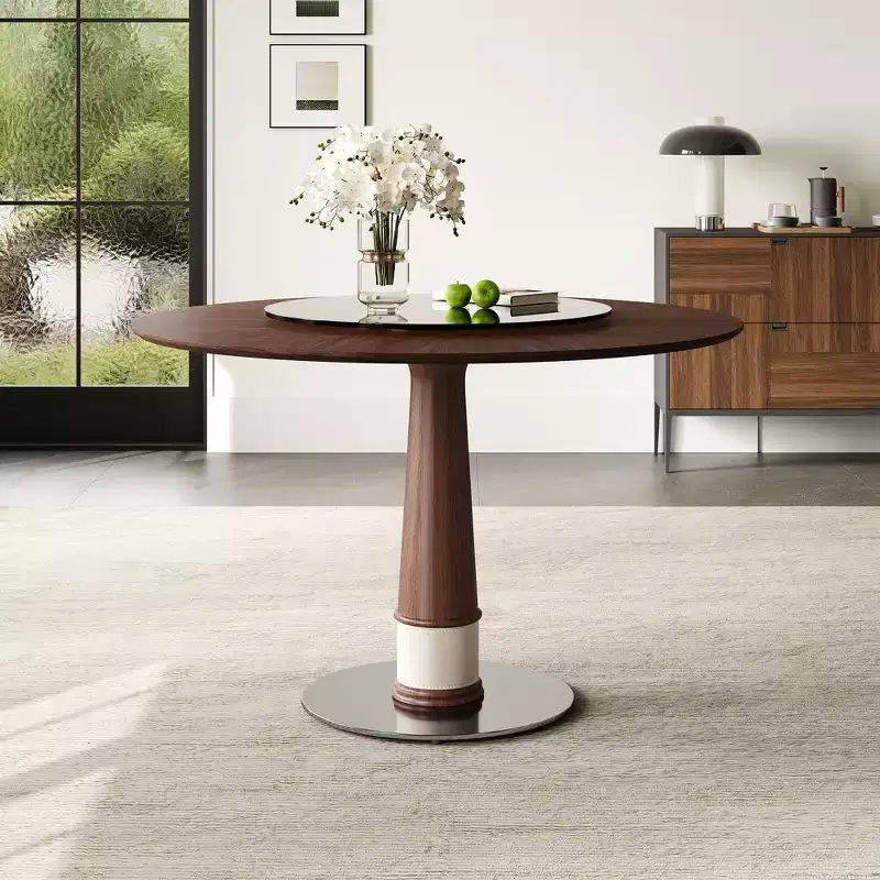 GDFStudio Emily 47-Inch Solid Wood Round Dining Table with Tempered Glass Lazy Susan and Stainless Steel Base