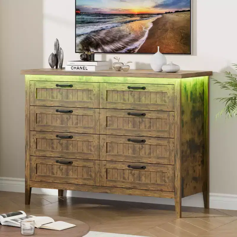 8 Drawer Modern White Dresser with Built-in Power Outlet & LED Light, Spacious Chest of Drawers for Bedroom & Living Room