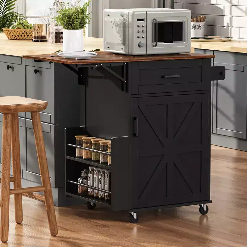 FAMYYT 39.3 Rolling Kitchen Island with Drop Leaf, Kitchen Cart with Drawer, Open Side Rack, Towel Rack and Lockable Wheels