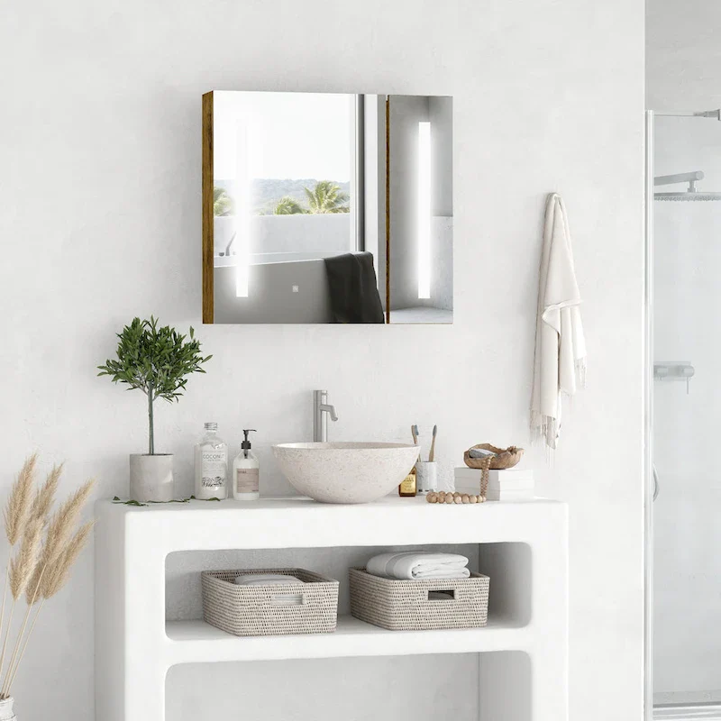 Dark Wood Grain MDF Wall-Mounted Medicine Cabinet with LED Mirror, Dimmable Touch Control & Adjustable Shelves