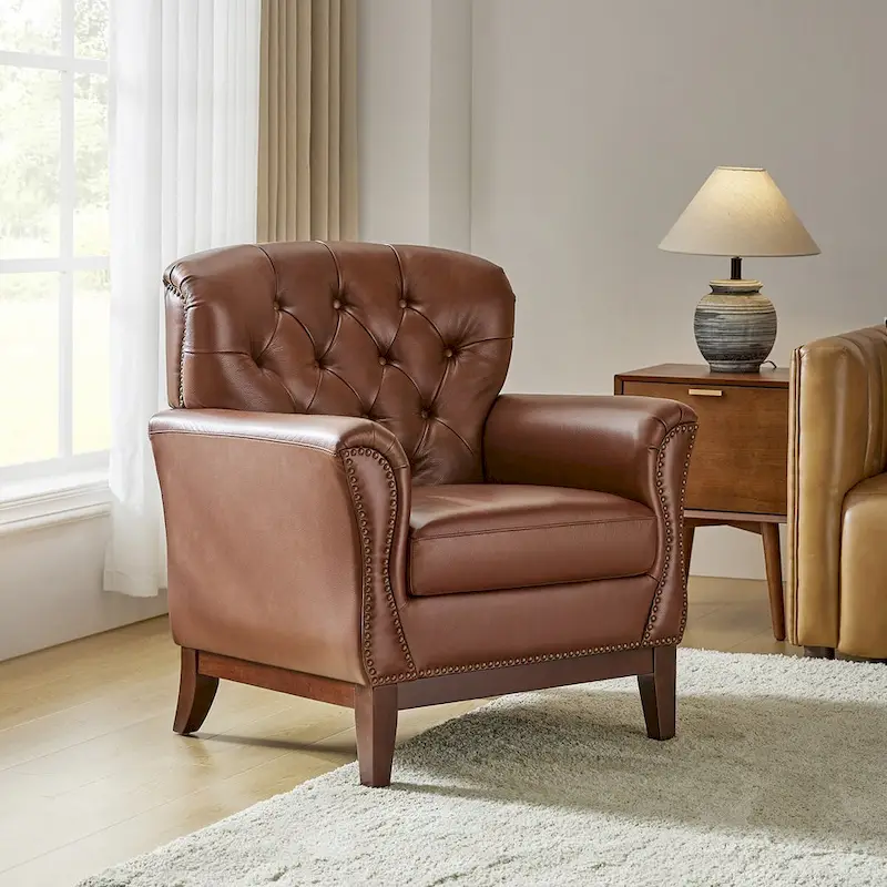 Genuine Leather Tufted Wingback Accent Chair with Nailhead Trim
