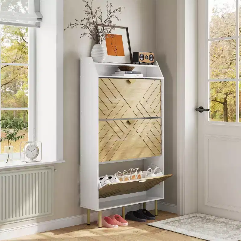 Shoe Cabinet, Entryway Cabinet  57H 3-Flip Drawer Slim White & Wood Hidden Storage Organizer for Hallway