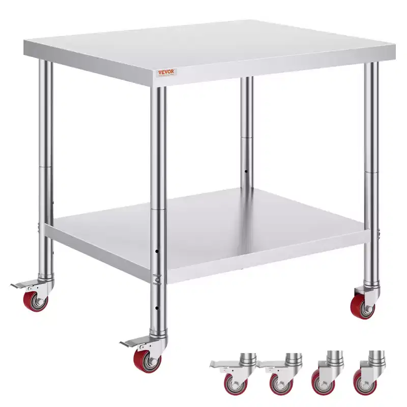 VEVOR Stainless Steel Work Table 36 x 30 x 34 Inch, 700 LBS Load Capacity with 4 Wheels, 3 Adjustable Height Levels, Silver