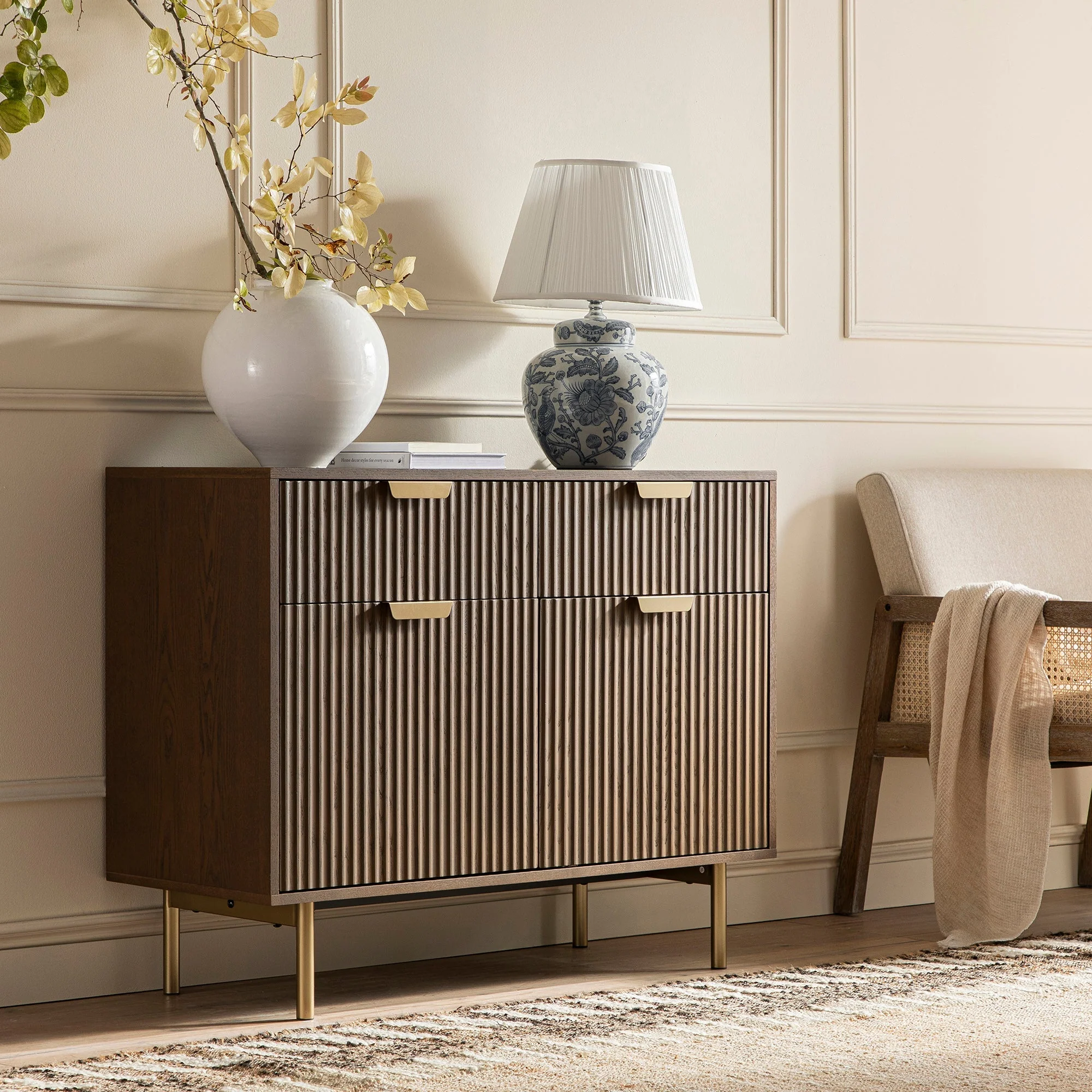 Ridged 2-Door Cabinet with Drawers, Dark Ash