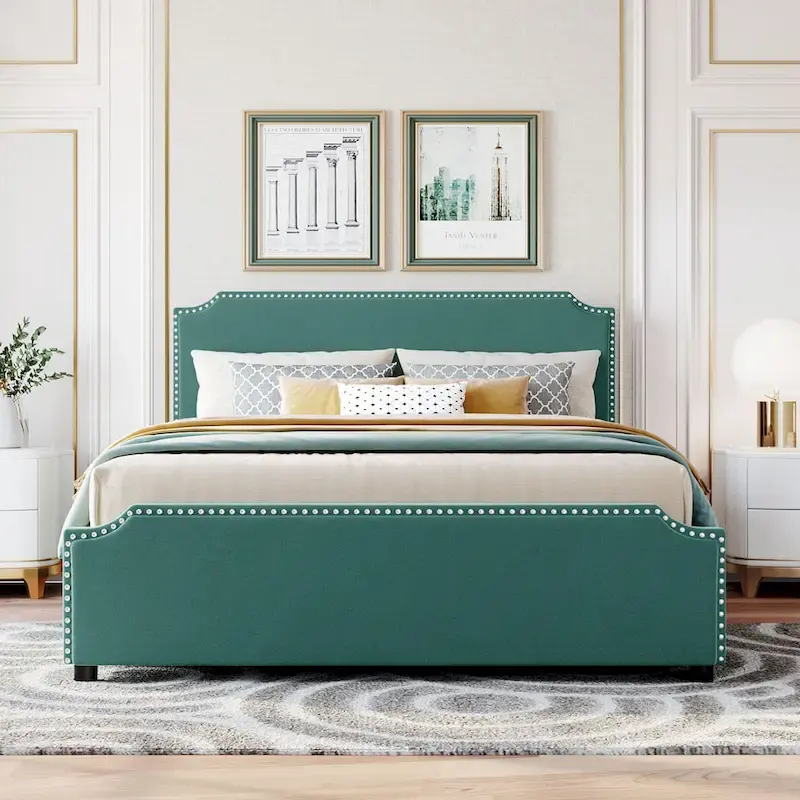Queen Size Platform Bed with 4 Storage Drawers - Gray Velvet Upholstered