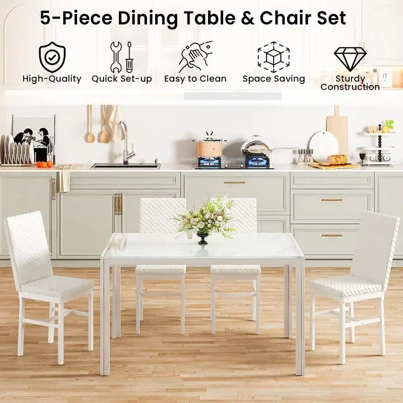 Modern Dining Room Table with Tempered Glass Tabletop and Diamond Stitching PU Leather Chairs