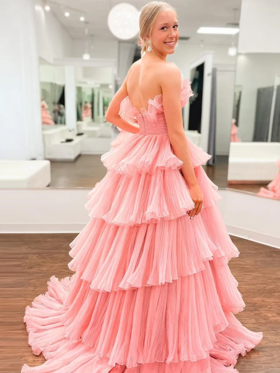 Strapless A-Line Tiered Crinkled Tulle Prom Dress