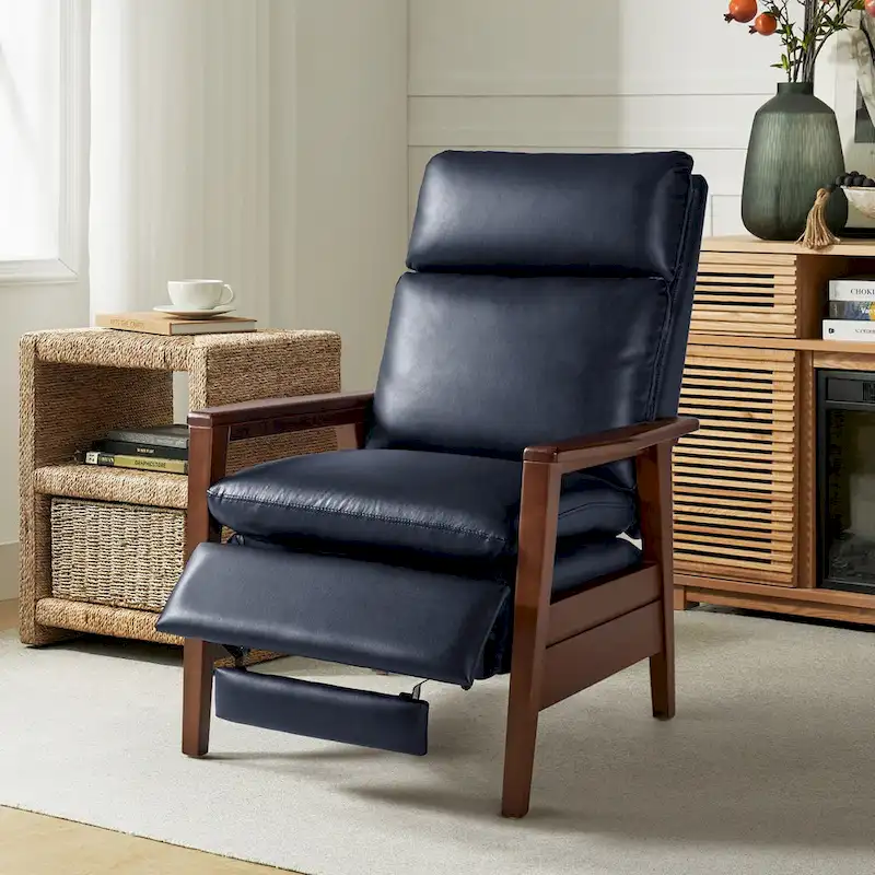 Mid-century Vegan Leather Solid Wood Recliner