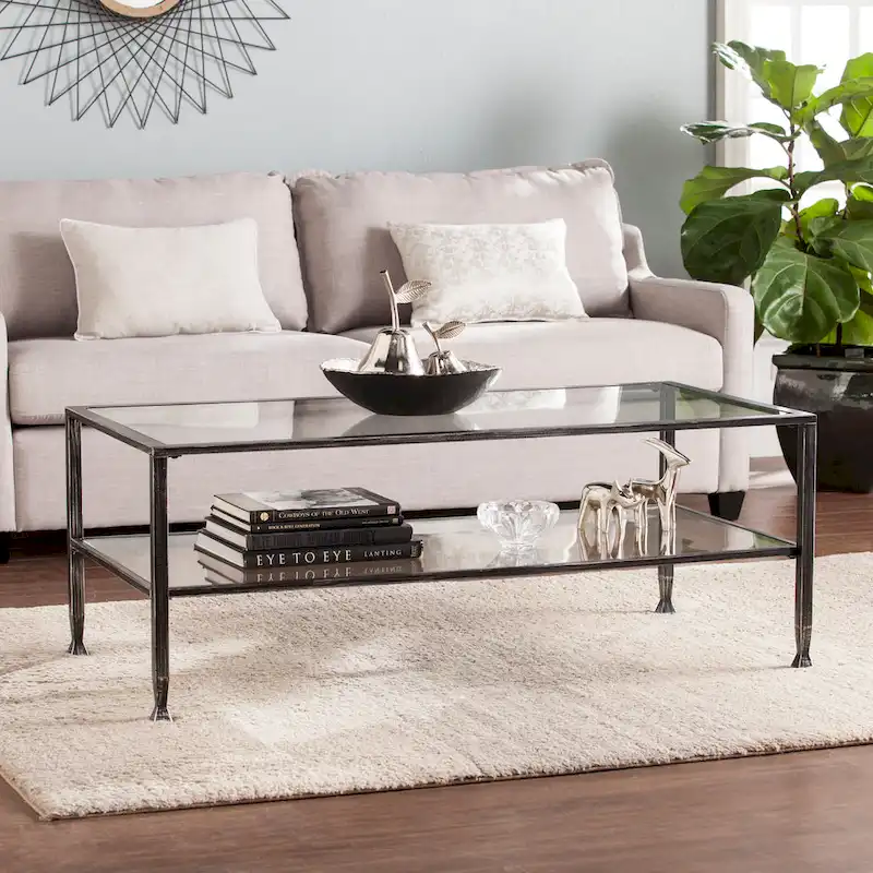 Black Rectangle Metal Coffee Table with Glass Top and Bottom Shelf