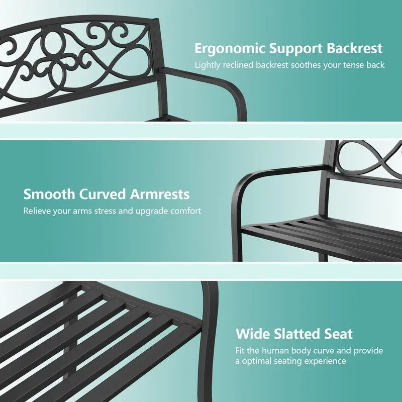 Patio Outdoor Garden Bench with Anti-Rust Steel Metal Frame & Backrest - 50 L x 16.3 W x 34 H