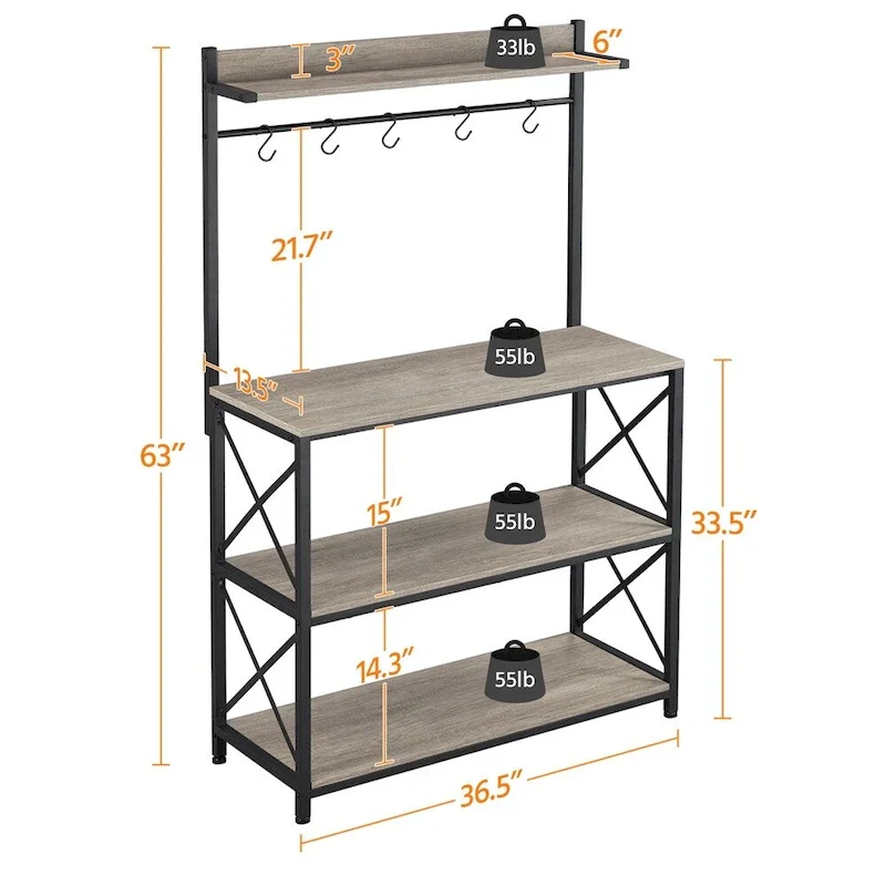 Rustic Brown / Grey Industrial 4-Tier Kitchen Baker's Rack with Hooks