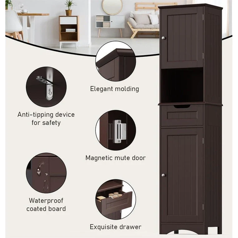 67 Tall 5-Tier Narrow Solid Wood Bathroom Linen Cabinet