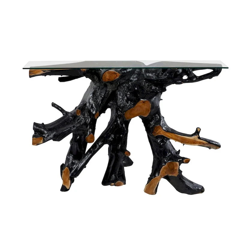 Black Live Edge Teak Wood Console Table with Clear Glass Top