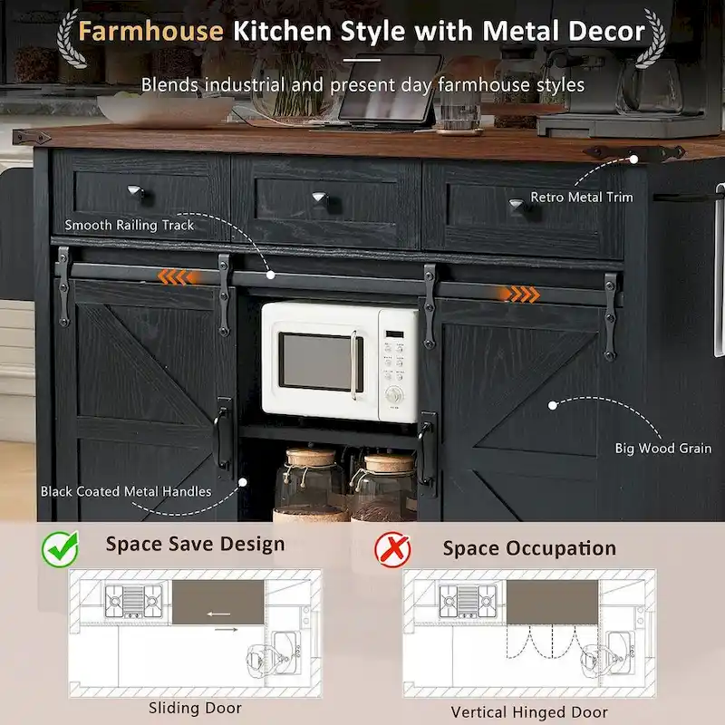 Farmhouse Kitchen Island Cart with Wheels, Power Outlet