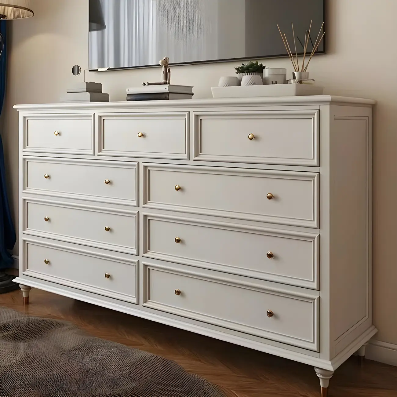 Glam White Oval Wooden Double Dresser with Soft Close Drawers