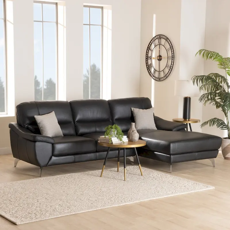 Black & Silver Modern Full Leather 2-Seat Sectional Sofa with Right Facing Chaise