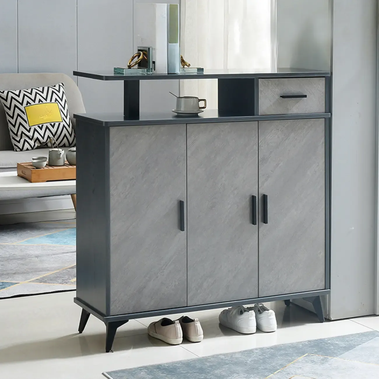 Entryway Grey Wood Shoe Storage Cabinet with Display Top