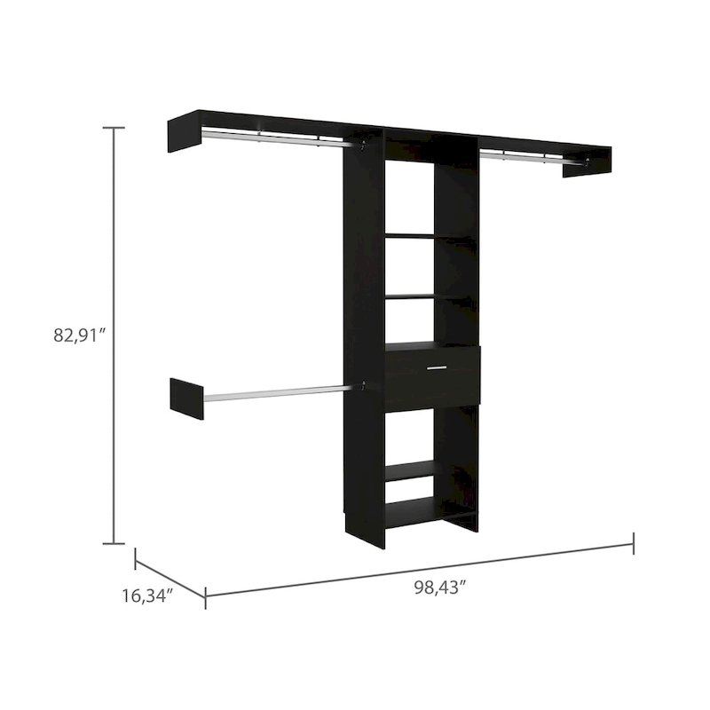 FM Furniture Cross Closet System with Drawer, 3 Metal Rods, and 5 Open Shelves