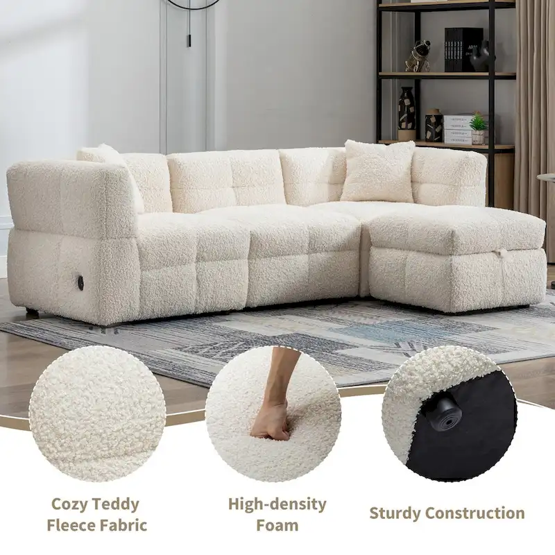 87.7 Sectional Sofa Cozy Teddy Fleece Fabric Sectional Sofa Couch