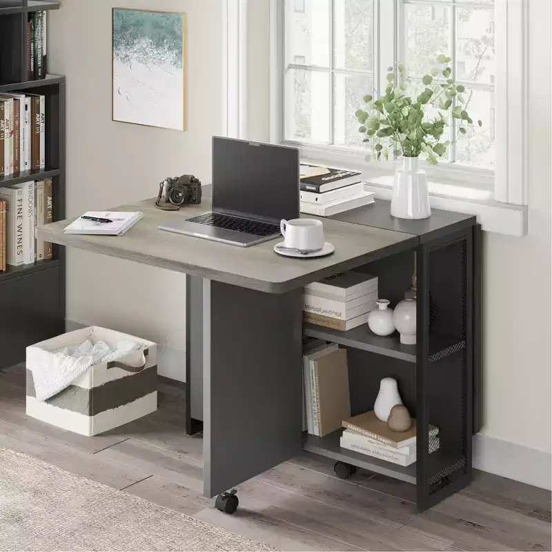 Folding Dining Table Drop Leaf Table , Versatile Collapsible Dinner Table with 2 Storage Racks, Space Saving Extendable Desk Furniture