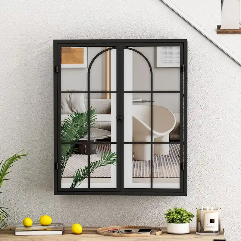 23.62 Vintage Two Door Wall Cabinet with Mirror,Three-level Entrance Storage Space for Living Room,Bathroom,Dining Room,Black