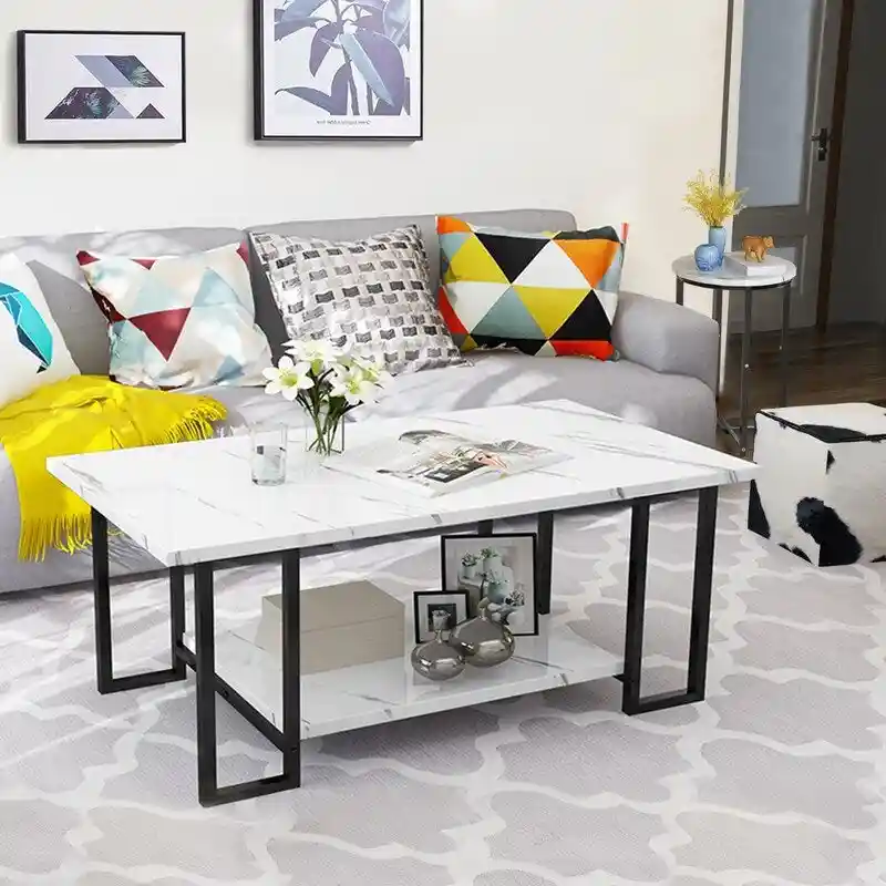 Modern Style 3-Piece Coffee Table Set with 2 End Table, Living Room Table Set of 3 with Faux Marble Tabletop